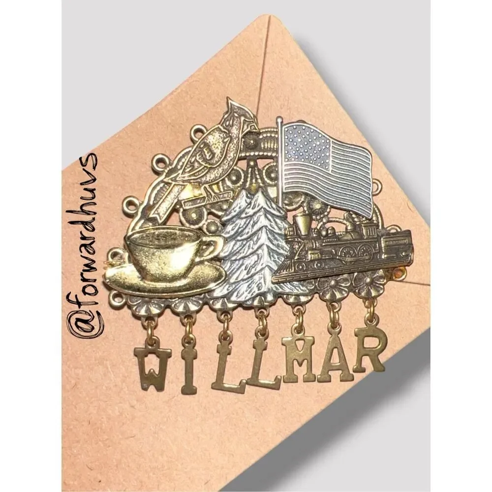 Willmar Travel Souvenir Pin with Decorative Filigree and Dangles